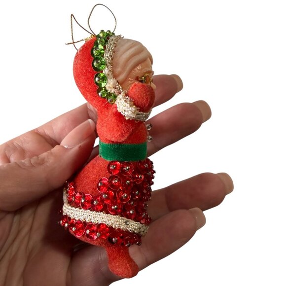Vtg Mrs Claus Christmas Ornament 1960s-1970s Mod Red Sequin Beads Art Flocked - Picture 4 of 14